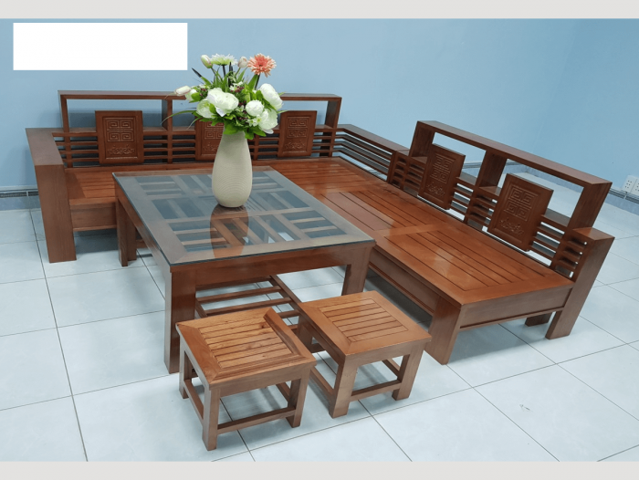 Salon - Sofa gỗ góc sồi mẫu triện màu cánh gián