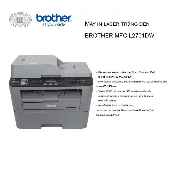 Máy in Brother MFC-L2701DW Chính hãng (in 2 mặt, Scan, Copy, Fax, Wifi)