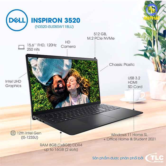 DELL Ins N3520 i5U085W11BLU-ĐEN I5-1235U/8GB/SSD 512GB/15.6"FHD/WIN 11/ OFFICE